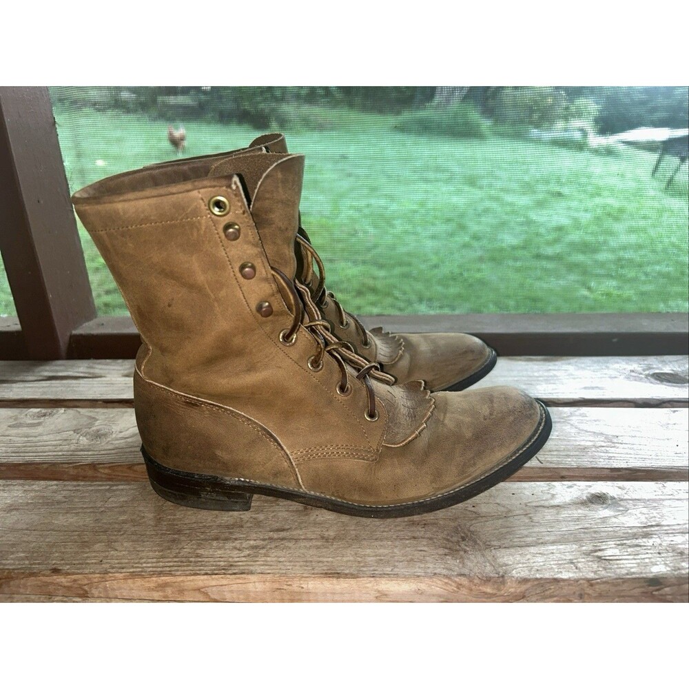 Vintage Justin L 575 Roper Boots Leather Lace Up Size 6.5B Brown Cowboy USA